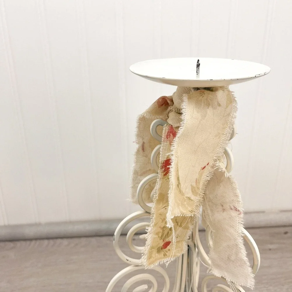 Vintage Shabby Chic Candle Holder: Weathered White Iron, Floral Burlap